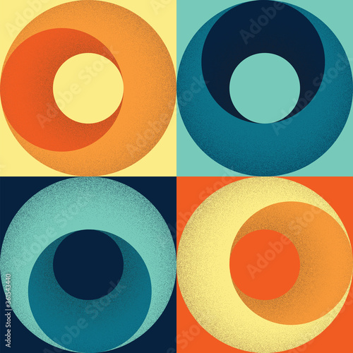 Retro coloured scheme seamless 1960s or 70s style geometric pattern of squares and circles with stippled shading