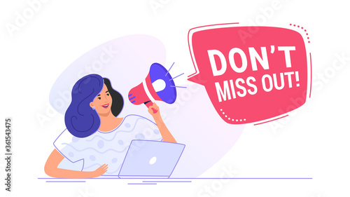 Do not miss out loudspeaker banner to remind something for a community. Flat line vector illustration of cute woman sitting with laptop and shouting with red megaphone. Announcement or alert on white