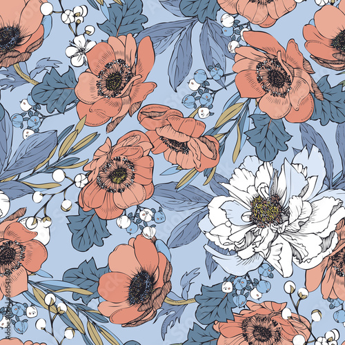 Seamless vector pattern. Floral design - peonies and gerberas