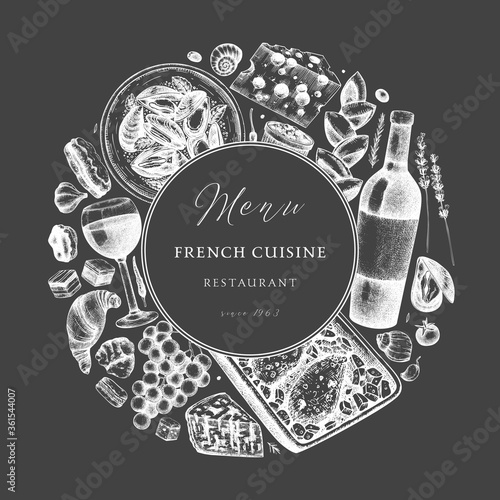Hand sketched French cuisine wreath design on chalkboard. Delicatessen food and drink trendy background. 