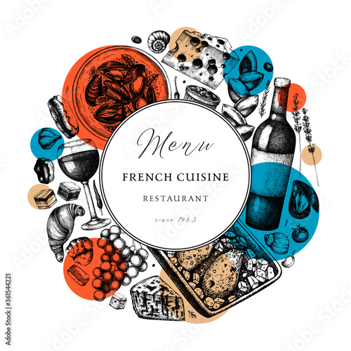 Hand sketched French cuisine wreath design in collage style. Delicatessen food and drink trendy background. 