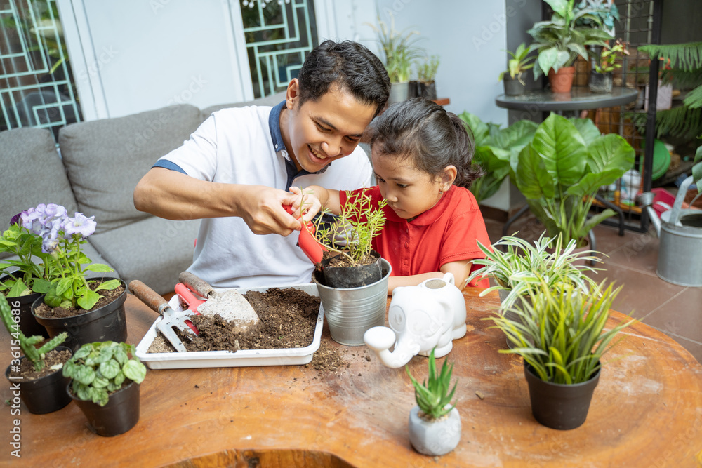 father and his daughters are planting potted plants while at home