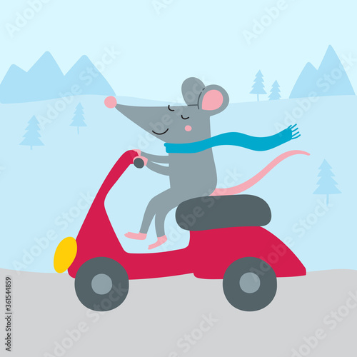 Illustration of cute rat riding bike