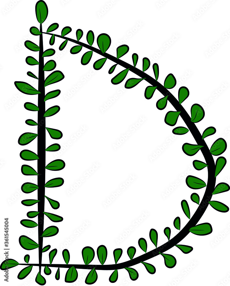 Vector image. Hand-drawn brush letter D. Part of the English alphabet. Black tree branch and bright juicy green foliage. Leaves of a Bush. The summer mood. Calligraphy and lettering. Eco, nature theme