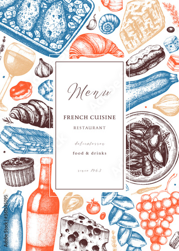 Hand sketched french cuisine picnic flyer in color. Delicatessen food and drink trendy background. Perfect for recipe, restaurant menu, label, packaging.