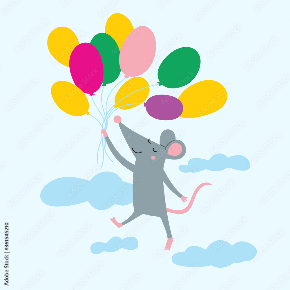 Illustration of rat flying with colorful air balloon Illustration of rat flying with colorful air balloon