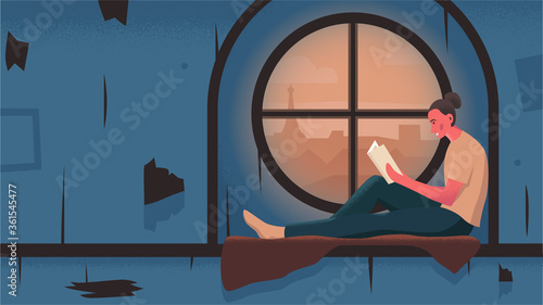 Vector illustration of a girl sitting by the window with a book in the evening in a cozy room. Atmospheric cozy interior with a beautiful girl reading a book on the windowsill with a night city view