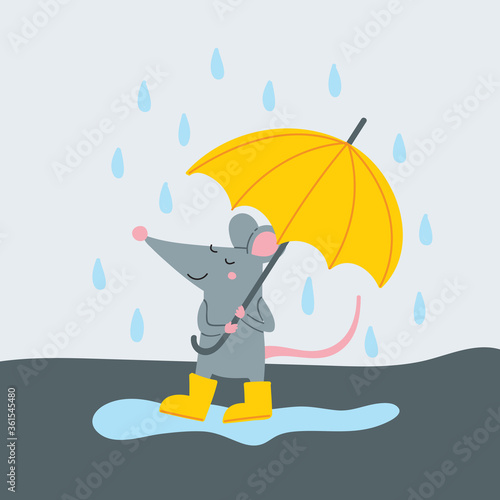 Vector illustration of cute rat in yellow rubber boots with umbrella