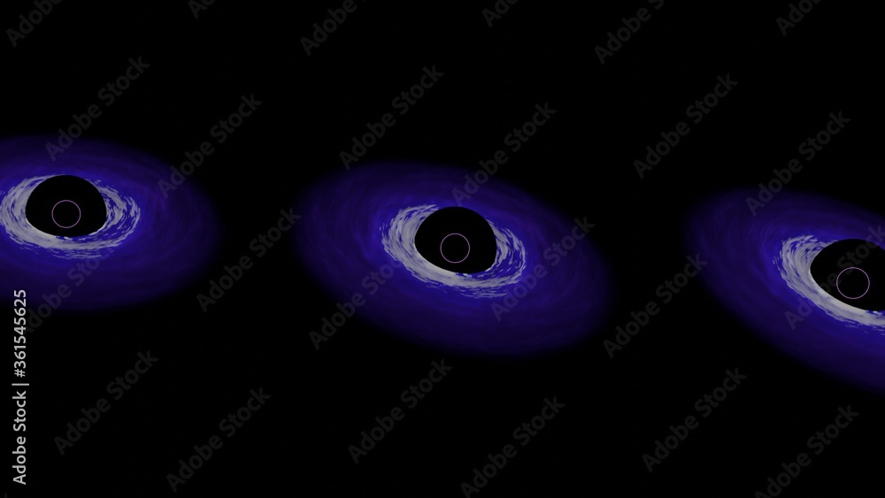 Science fiction three blue black holes. 3D Render galaxy cosmic wallpaper. black holes array