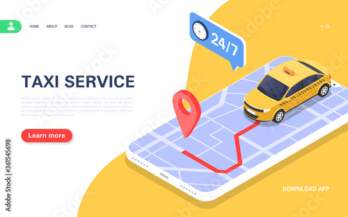 Taxi service banner. Mobile application for online ordering round-the-clock taxi.