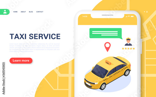 Taxi banner. Mobile application for online ordering round-the-clock taxi. Choice of driver and chat with customer support.