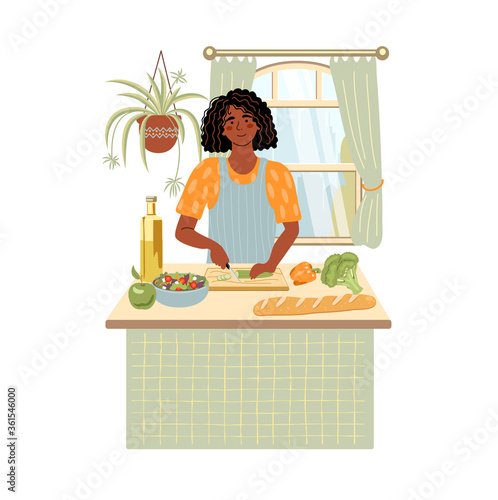 Smiling african american woman cooking salad on kitchen table. Girl preparing homemade meals. Vegetarian cuisine. Flat cartoon vector illustration.