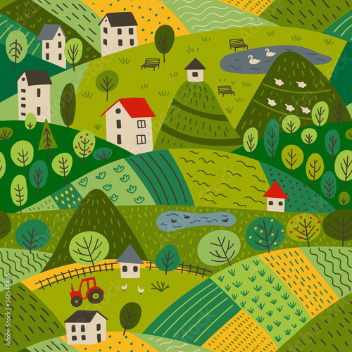 seamless pattern of summer village landscape