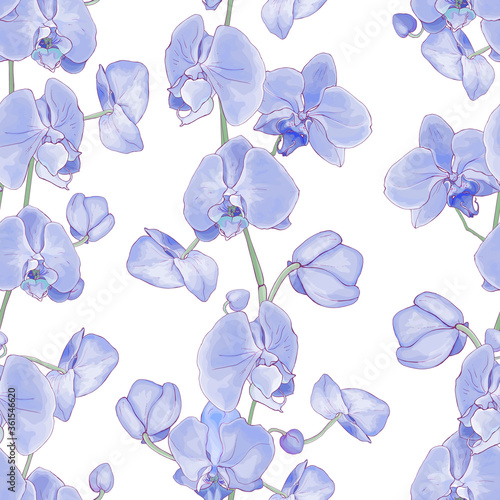 Seamless floral pattern with blue flowers orchids. Hand drawn. Tropical plants for design, textile, print, wallpapers, wrapping paper. Vector stock illustration.