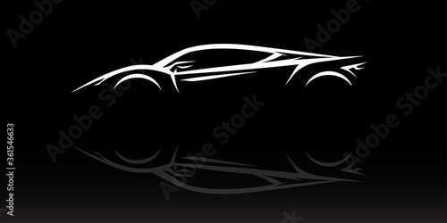 Concept Supercar Silhouette. Auto sports car showroom emblem design. Performance motor vehicle dealership logo style design on black background. Vector illustration.
