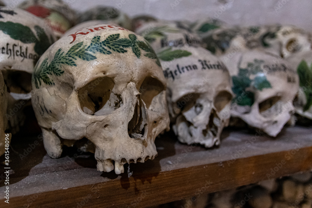 Skulls in ossuary, Karner St. Michael's Chapel, Lake Hallstatt, Salzkammergut, a UNESCO World Heritage Hallstatt-Dachstein Salzkammergut, Upper Austria, Austria, Europe, 17. June 2020 Skulls in ossuary, Karner St. Michael's Chapel, Lake Hallstatt, Salzkammergut, a UNESCO World Heritage Hallstatt-Dachstein Salzkammergut, Upper Austria, Austria, Europe, 17. June 2020