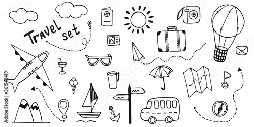 Hand drawn travel doodle set. Travel sketch with travel items. Transport and goods for the way isolated on white. Vector illustration