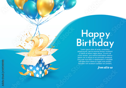 Celebrating 22 nd years birthday vector illustration. Twenty-two-anniversary celebration. Adult birth day. Open gift box with numbers flying on balloons invitation card