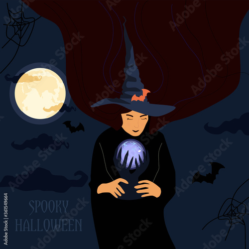 Halloween illustration.The witch holds a magic luminous ball and conjures,makes a prediction.Background of the full moon, silhouettes of bats and cobwebs.Night spooky party invitation or greeting card