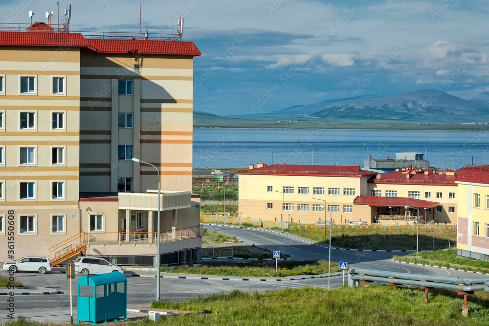 Obraz premium Coloured apartment houses, Siberian city Anadyr, Chukotka Province, Russian Far East