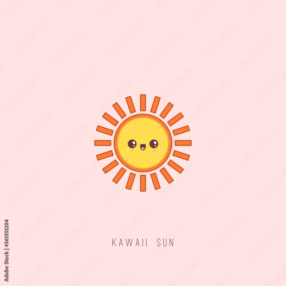 Cute Kawaii Sun with happy Face emotion. Minimalistic outline Icon. Colorful Vector illustration. Japanese manga style. Cartoon character. Sun is isolated on pink background. Logo, print idea