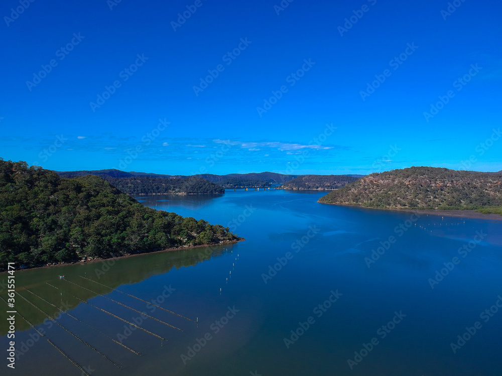 Panoramic drone aerial view of Mooney Money Hawkesbury River in NSW Australia beautiful blue and green colours