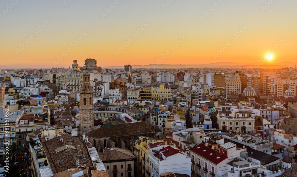 Sightseeing of Spain. Aerial view of Valencia at sunset, cityscape of Valencia.