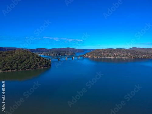 Panoramic drone aerial view of Mooney Money Hawkesbury River in NSW Australia beautiful blue and green colours