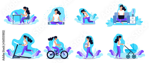 White woman is doing different outdoor activities. She is running, yoga, workout, riding a bicycle, walking with baby stroller. Girl is carrying package. Healthy lifestyle vector