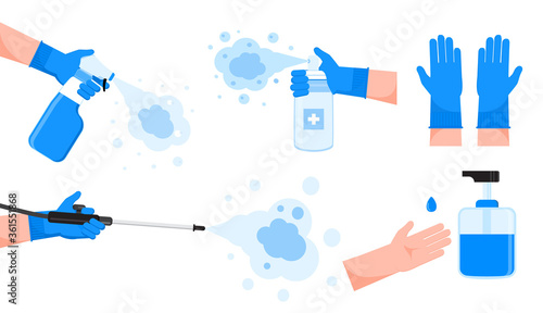 Disinfection spray bottles set vector for app, web, landing page. Human in gloves holding pipe of antiseptic spray. Coronavirus prevention are shown. Distinctive liquids