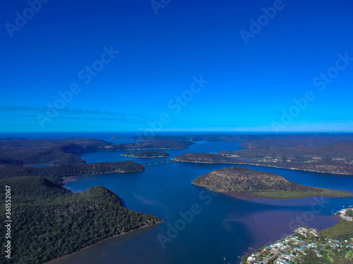 Panoramic drone aerial view of Mooney Money Hawkesbury River in NSW Australia beautiful blue and green colours