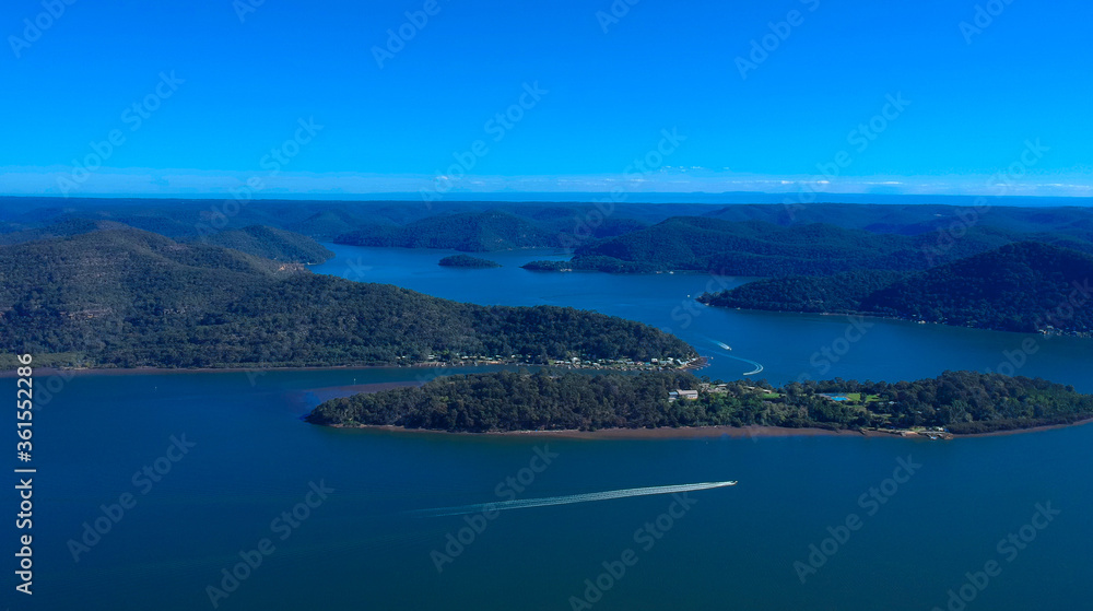 Panoramic drone aerial view of Mooney Money Hawkesbury River in NSW Australia beautiful blue and green colours