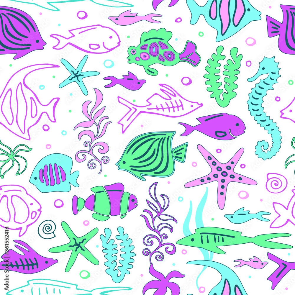 Seamless colorful pattern with doodle fishes. Vector set. Hand drawing.
