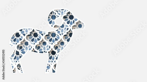 Moving traditional blue arabic pattern with geometric stars, arabesque through white silhouette of ornamnetal sheep. White background. Ramadan, Eid ul Adha graphic animation, loopable Islamic design.