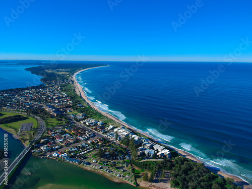 Drone Aerial view of The Entrance NSW Australia blue bay waters great beach and sandy bars