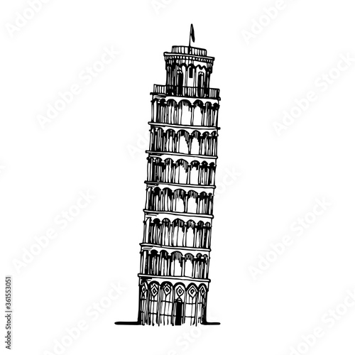 leaning tower of Pisa, famous Italian tourist landmark, vector illustration with black ink lines isolated on a white background in doodle & hand drawn style
