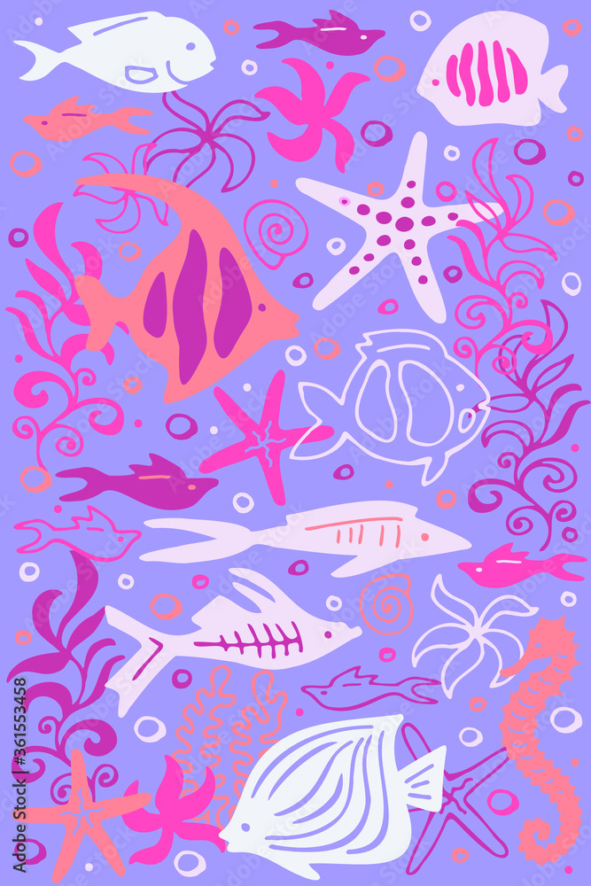 Сolorful vertical pattern with cartoon fishes. Vector set. Hand drawing.
