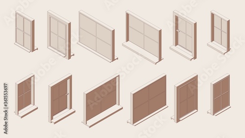 Isometric outline set of closed windows with sill and low tide in various foreshortening views