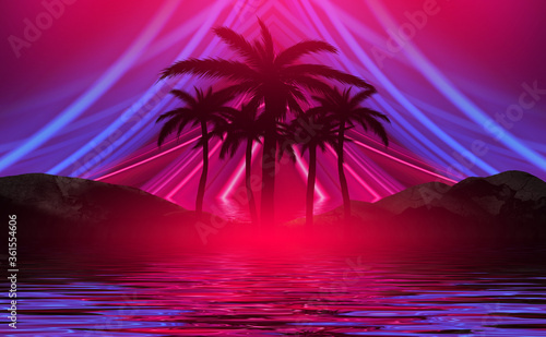 Silhouettes of tropical palm trees on a background of abstract background with neon glow. Reflection of palm trees on the water. 3d illustration