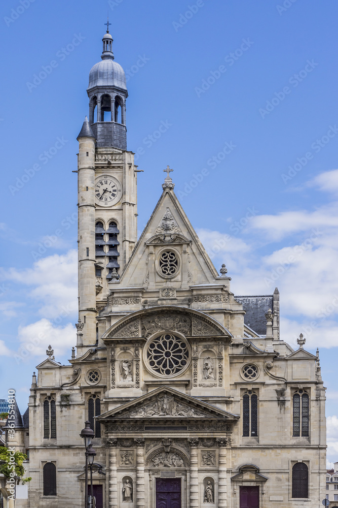 Church of Saint-Etienne-du-Mont (1494-1624) in Paris near Pantheon. It contains shrine of St. Genevieve - patron saint of Paris. Paris, France.