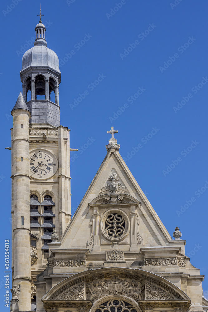 Church of Saint-Etienne-du-Mont (1494-1624) in Paris near Pantheon. It contains shrine of St. Genevieve - patron saint of Paris. Paris, France.