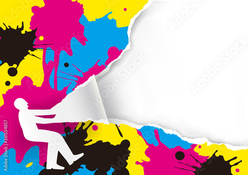 Color Print Promotion Template with CMYK splash. Paper man silhouette ripping paper with print colors splatters. Place for your text or image. Vector available.