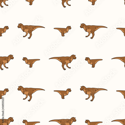 Seamless background Carnotaurus two dinosaur print gender neutral baby pattern. Simple whimsical minimal earthy 2 tone color. Kids nursery wallpaper or boho cartoon animal fashion all over print