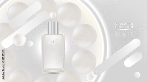 Beauty product ad design, white cosmetic container with collagen solution advertising background ready to use, luxury skin care banner, illustration vector.	