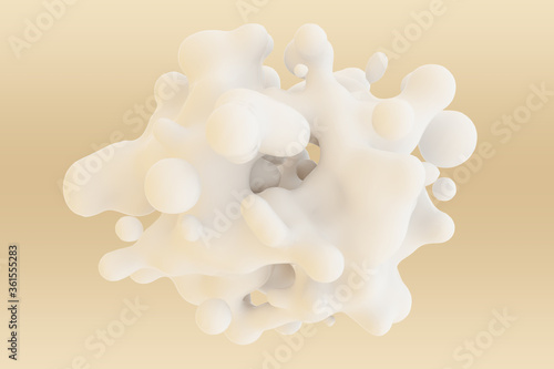 Fluid figure. White metaball and drops on a golden background. Abstract background in warm color. 3d rendering illustration. High resolution.