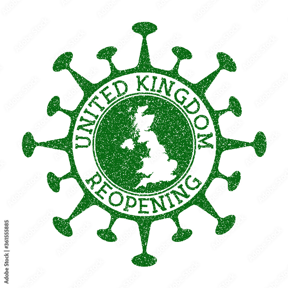 United Kingdom Reopening Stamp. Green round badge of country with map of United Kingdom. Country opening after lockdown. Vector illustration.
