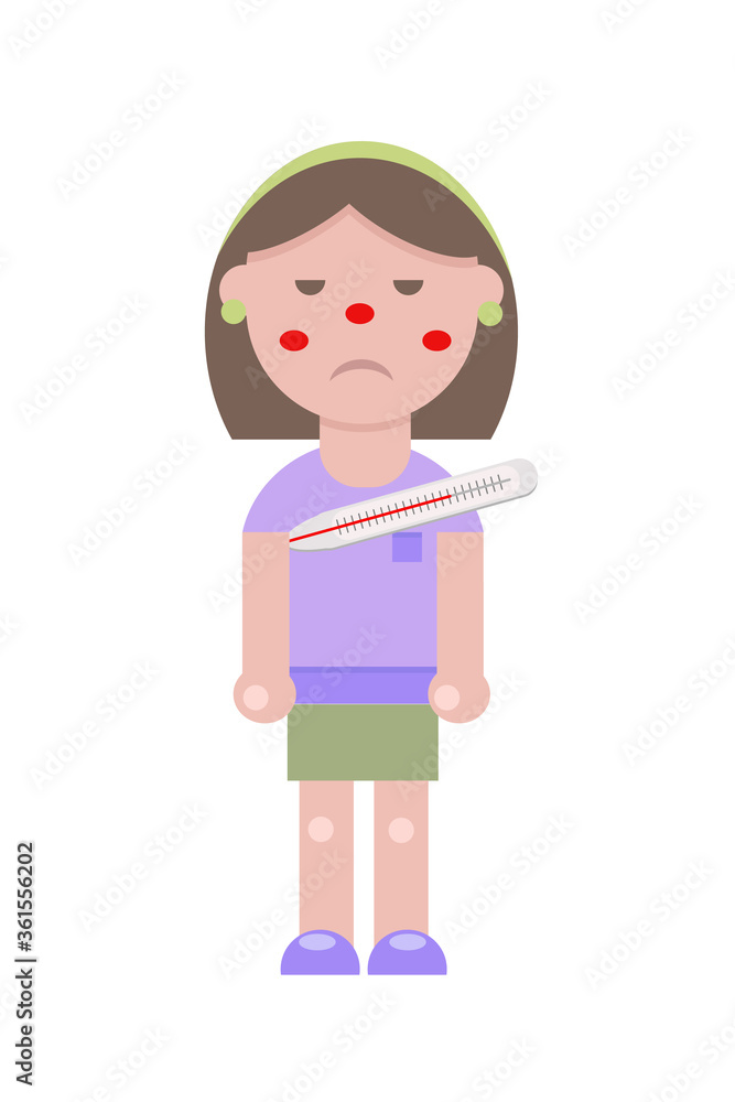 A young girl in a flat style caught a virus or a cold flu. She has a thermometer under her arm. She is with a high fever, headache and red nose. Vector simple illustration in flat style.