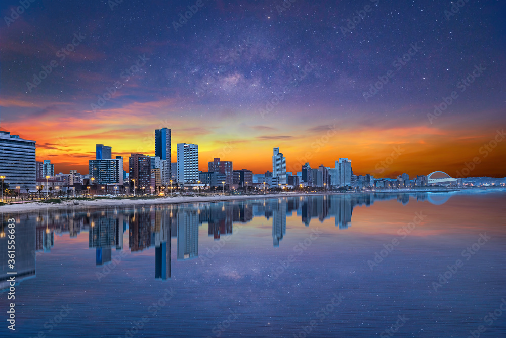 Durban beachfront skylines after sunset with stars in the sky