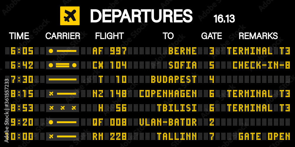 Fototapeta premium Airport scoreboard according to the mechanical schedule. Vector illustration