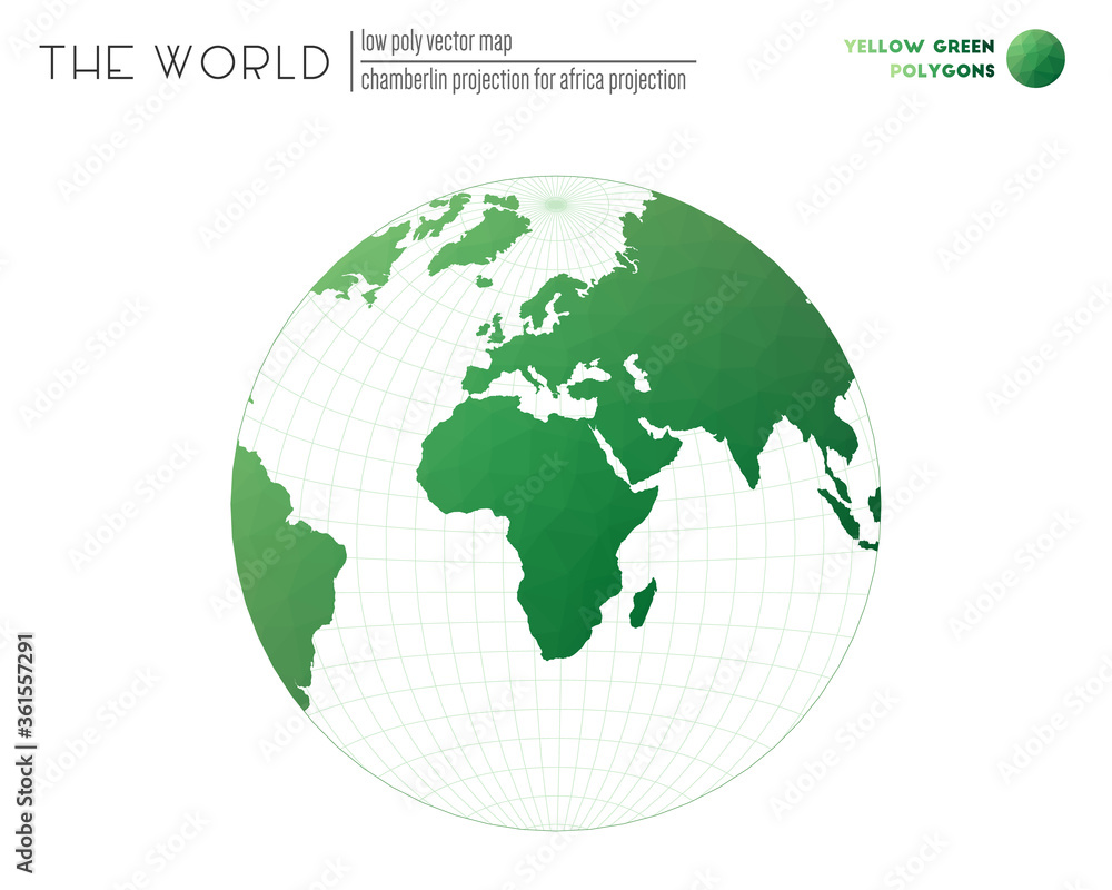 Abstract geometric world map. Chamberlin projection for Africa projection of the world. Yellow Green colored polygons. Stylish vector illustration.